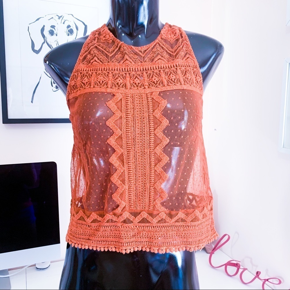 Forever 21 Burnt Orange Ethnic Sheer Bohemian Sleeveless Top Tank